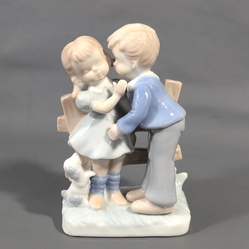Vintage Porcelain Figurine Boy and Girl Kissing by Fence with Dog 5.5 Inch